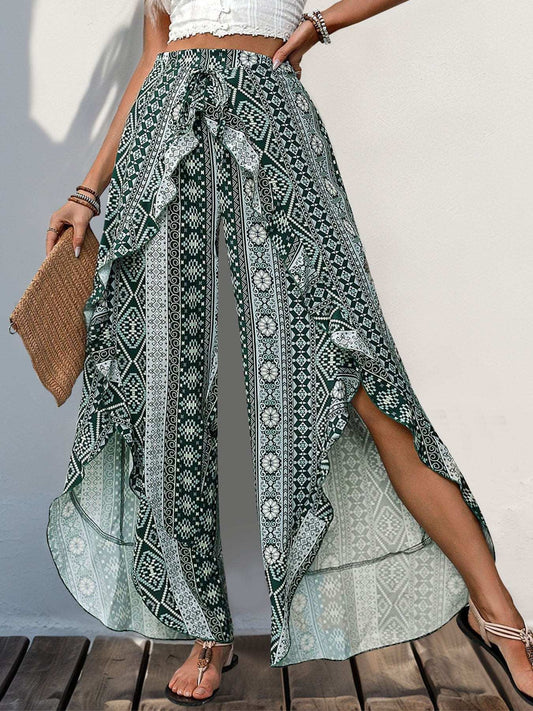 Slit Ruffled Geometric Wide Leg Pants - Trendsi - Flyclothing LLC