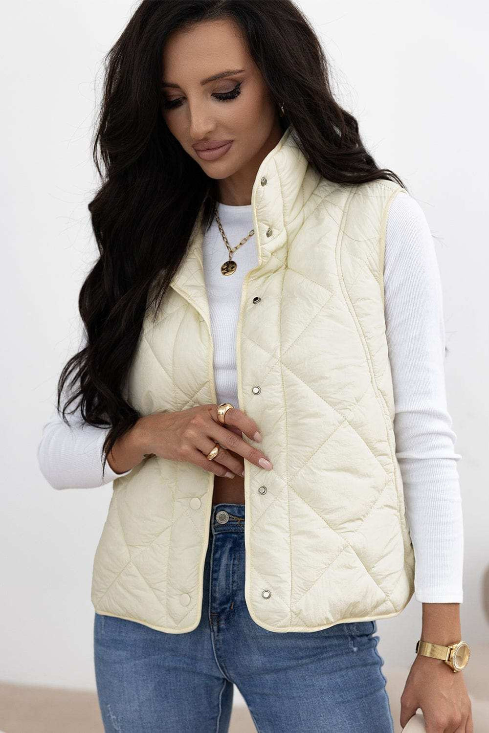 Snap Down Texture Vest Coat with Pockets - Trendsi - Flyclothing LLC