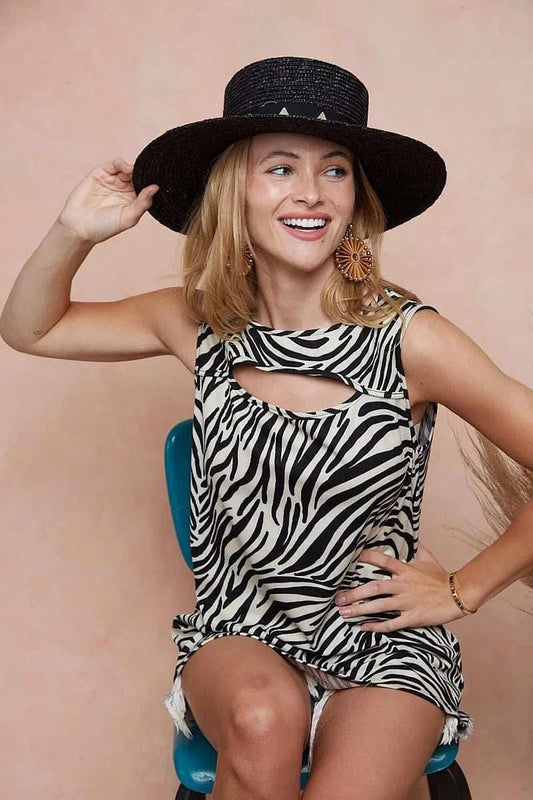 BiBi Zebra Printed Rib with Cut Out Front Sleeveless - Trendsi - Flyclothing LLC