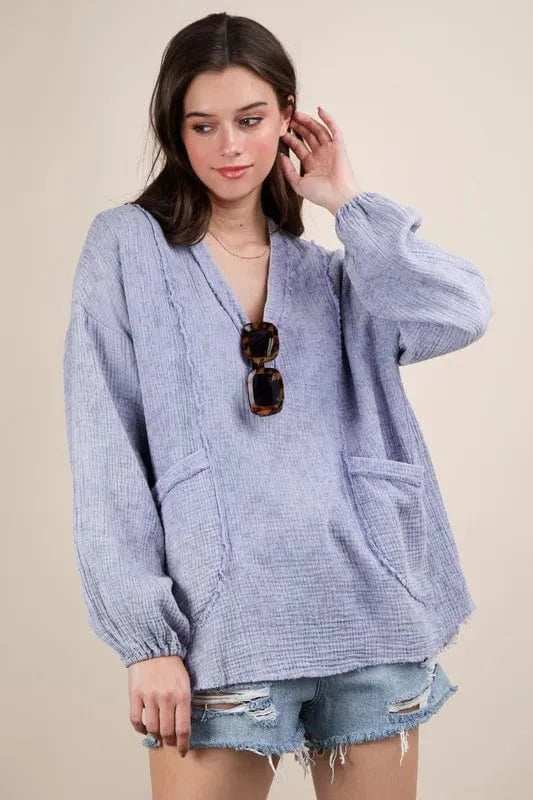 VERY J Plus Size Washed Cotton Gauze Oversized Top - Trendsi - Flyclothing LLC