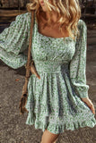 Ruffle Hem Floral Square Neck Long Sleeve Dress - Trendsi - Flyclothing LLC