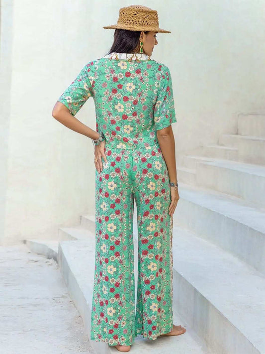 Printed Half Sleeve Top and Wide Leg Pants Set - Trendsi - Flyclothing LLC