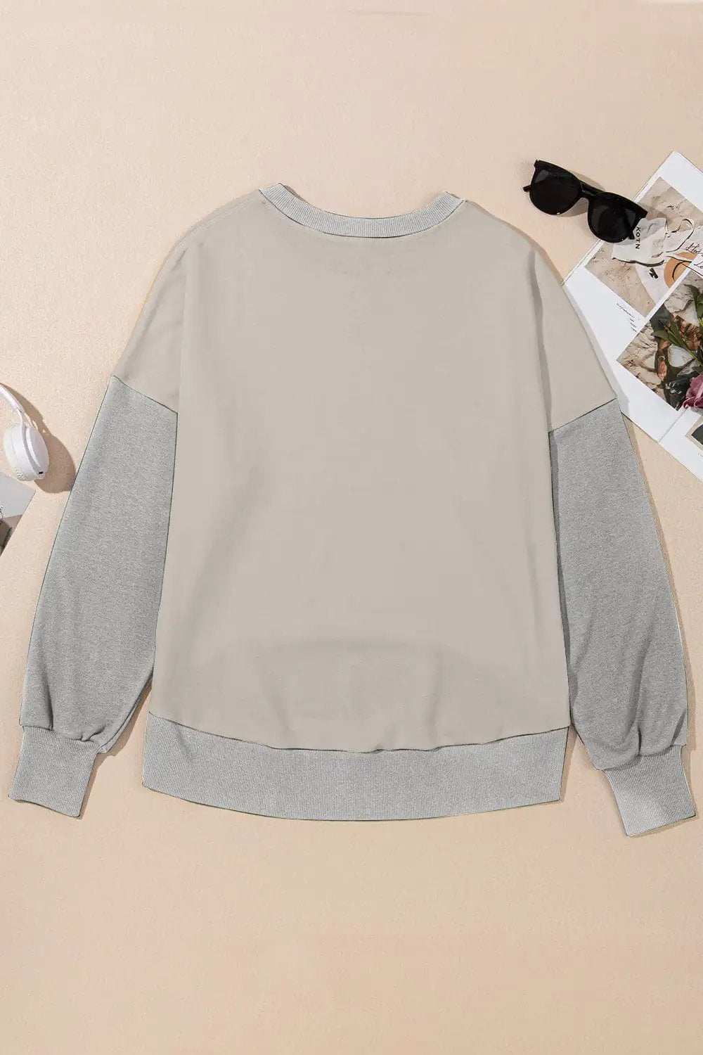 Contrast Round Neck Long Sleeve Sweatshirt - Trendsi - Flyclothing LLC