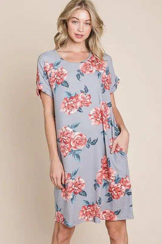 BOMBOM Floral Round Neck Short Tee Dress with Pockets - Trendsi - Flyclothing LLC
