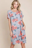 BOMBOM Floral Round Neck Short Tee Dress with Pockets - Trendsi - Flyclothing LLC