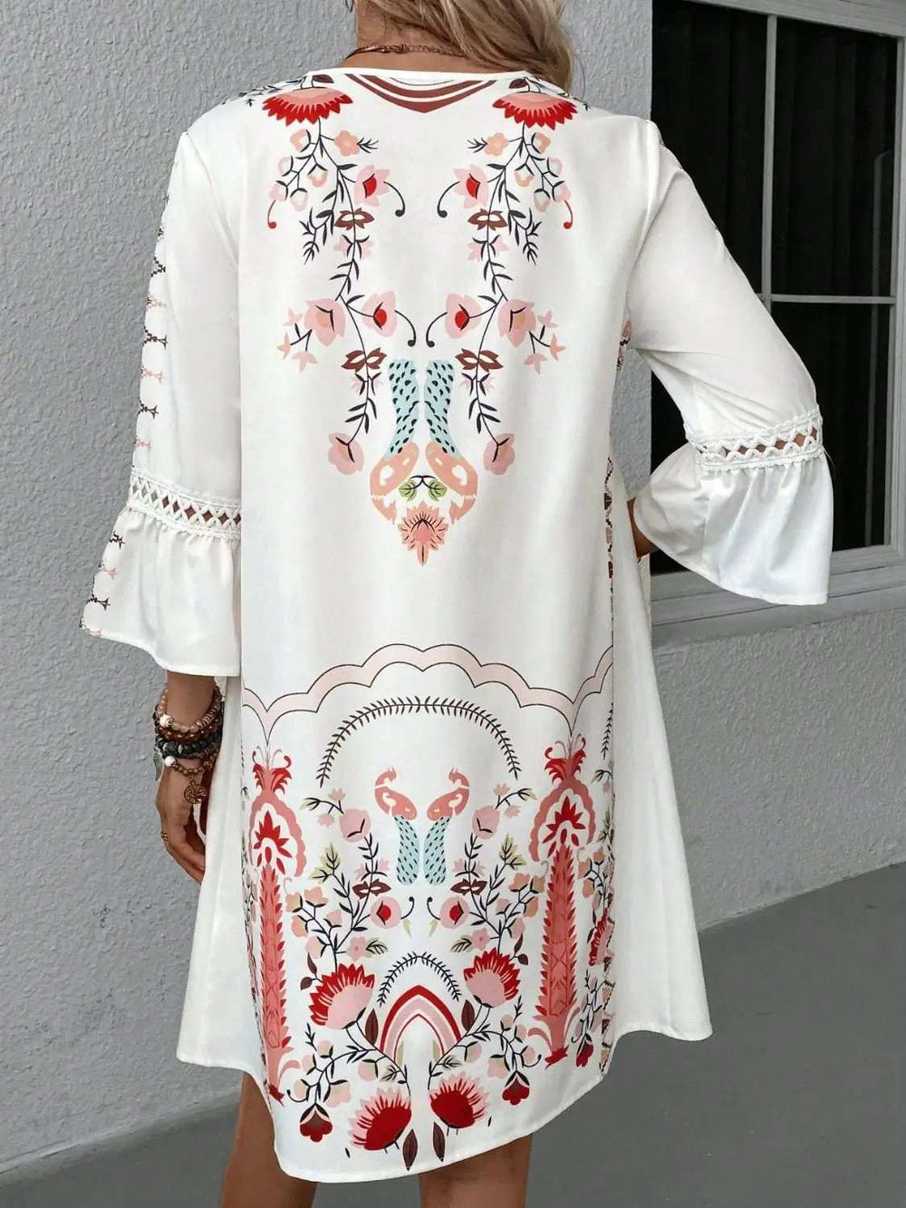 Lace Detail Printed Three-Quarter Sleeve Dress - Trendsi - Flyclothing LLC