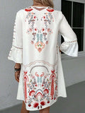 Lace Detail Printed Three-Quarter Sleeve Dress - Trendsi - Flyclothing LLC