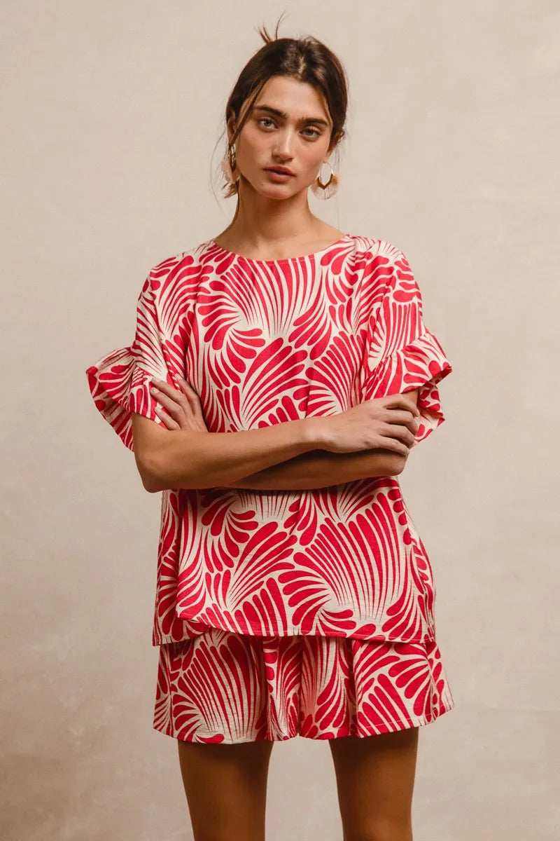 BiBi Print Woven Ruffled Sleeves Top - Trendsi - Flyclothing LLC