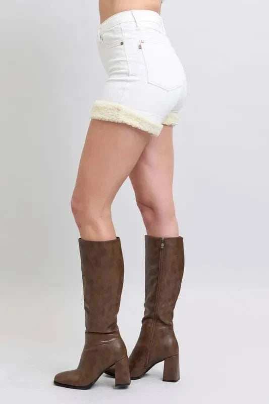 Judy Blue Full Size High Waist Shearling Cuff Denim Shorts Plus Size - Trendsi - Flyclothing LLC