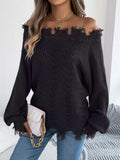 Distressed Hem Openwork Off-Shoulder Sweater - Trendsi - Flyclothing LLC