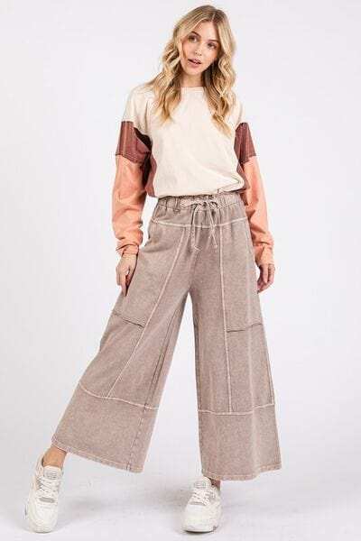 Mittoshop Mineral Wash Seam French Terry Wide Leg Pants - Trendsi - Flyclothing LLC