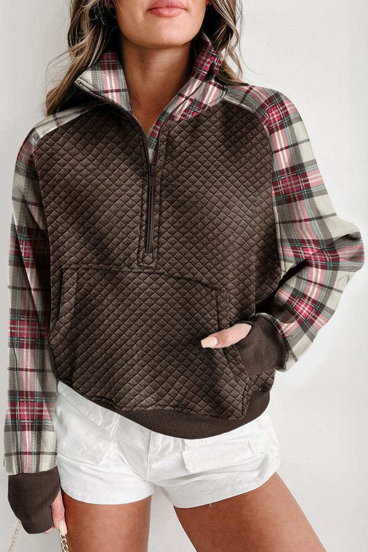 Plaid Half Zip Long Sleeve Sweatshirt - Trendsi - Flyclothing LLC