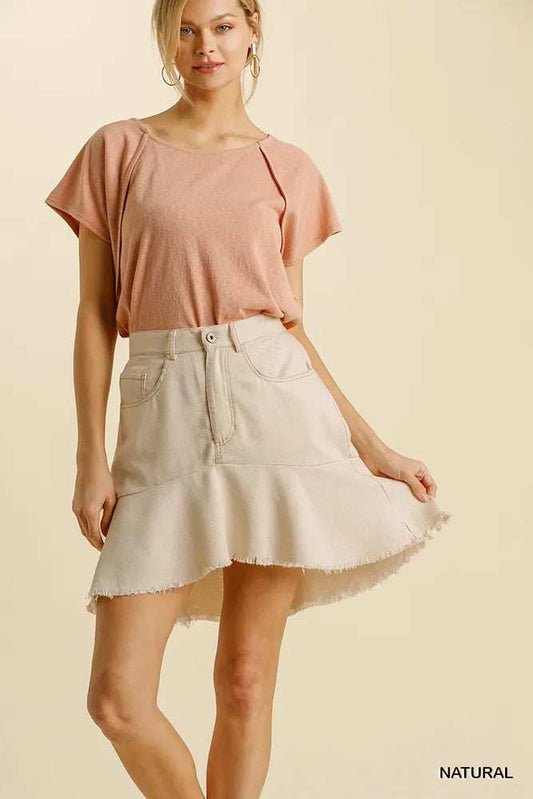 Umgee Linen Blend 5 Pockets High Low Skirt with Frayed Hem - Trendsi - Flyclothing LLC