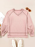 Exposed Seam Ribbed Knit V Neck Top - Trendsi - Flyclothing LLC