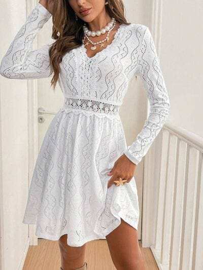 Lace Detail V Neck Long Sleeve Mini Dress - Trendsi - Flyclothing LLC