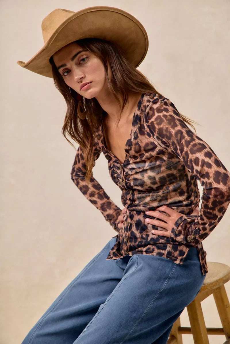 BiBi Leopard Printed Mesh Shirt With Button Up V Neck - Trendsi - Flyclothing LLC