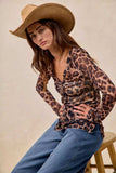 BiBi Leopard Printed Mesh Shirt With Button Up V Neck - Trendsi - Flyclothing LLC