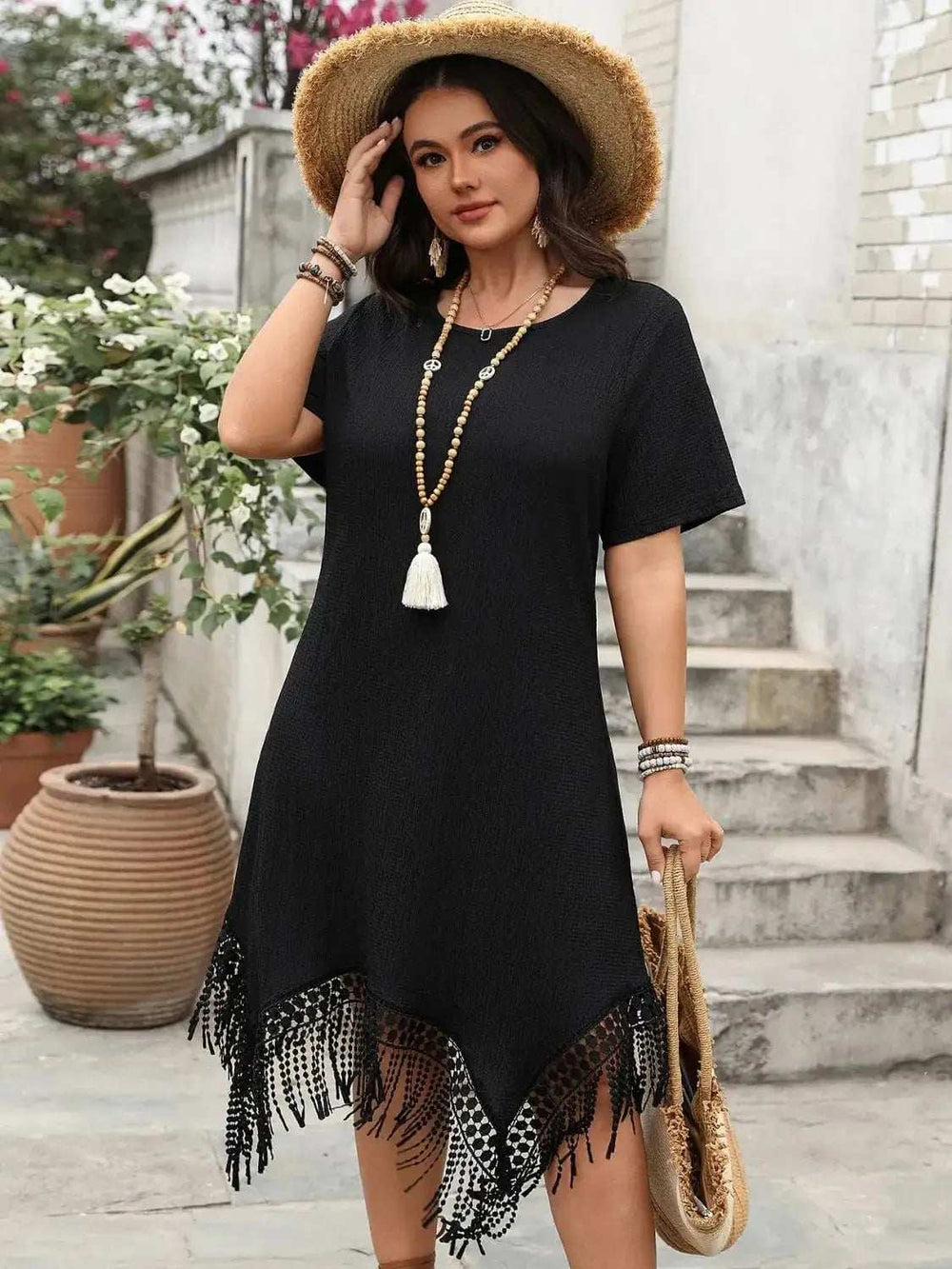 Plus Size Fringe Round Neck Short Sleeve Midi Tee Dress - Trendsi - Flyclothing LLC