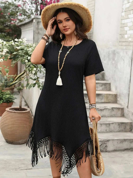 Plus Size Fringe Round Neck Short Sleeve Midi Tee Dress - Trendsi - Flyclothing LLC