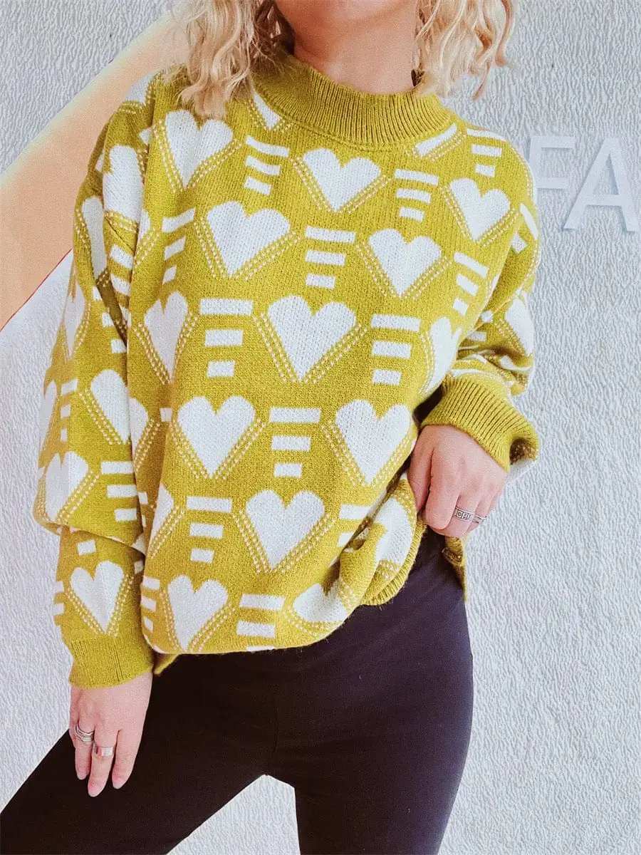 Heart Contrast Long Sleeve Dropped Shoulder Sweater - Trendsi - Flyclothing LLC