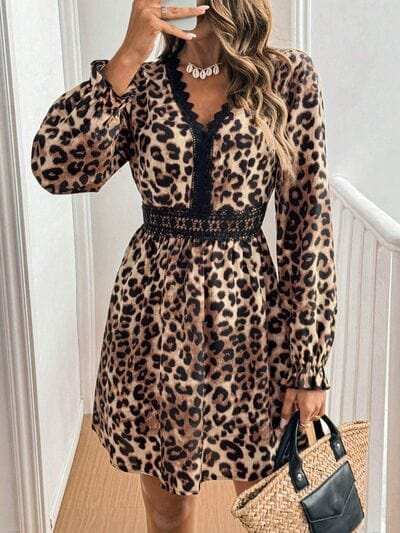 Lace Detail Leopard Flounce Sleeve Mini Dress - Trendsi - Flyclothing LLC