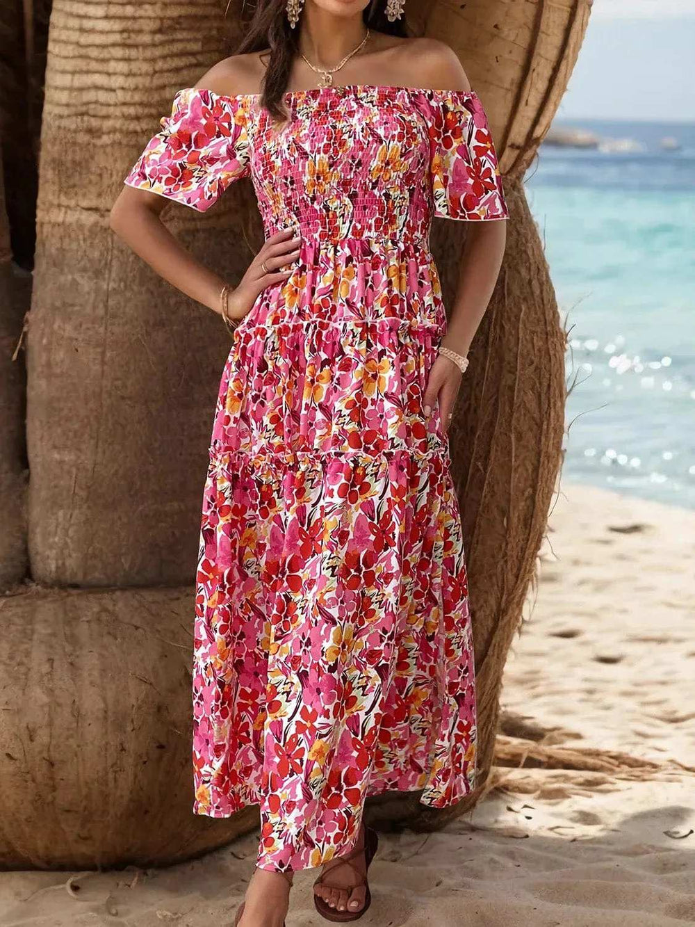Slit Floral Off-Shoulder Short Sleeve Dress - Trendsi - Flyclothing LLC
