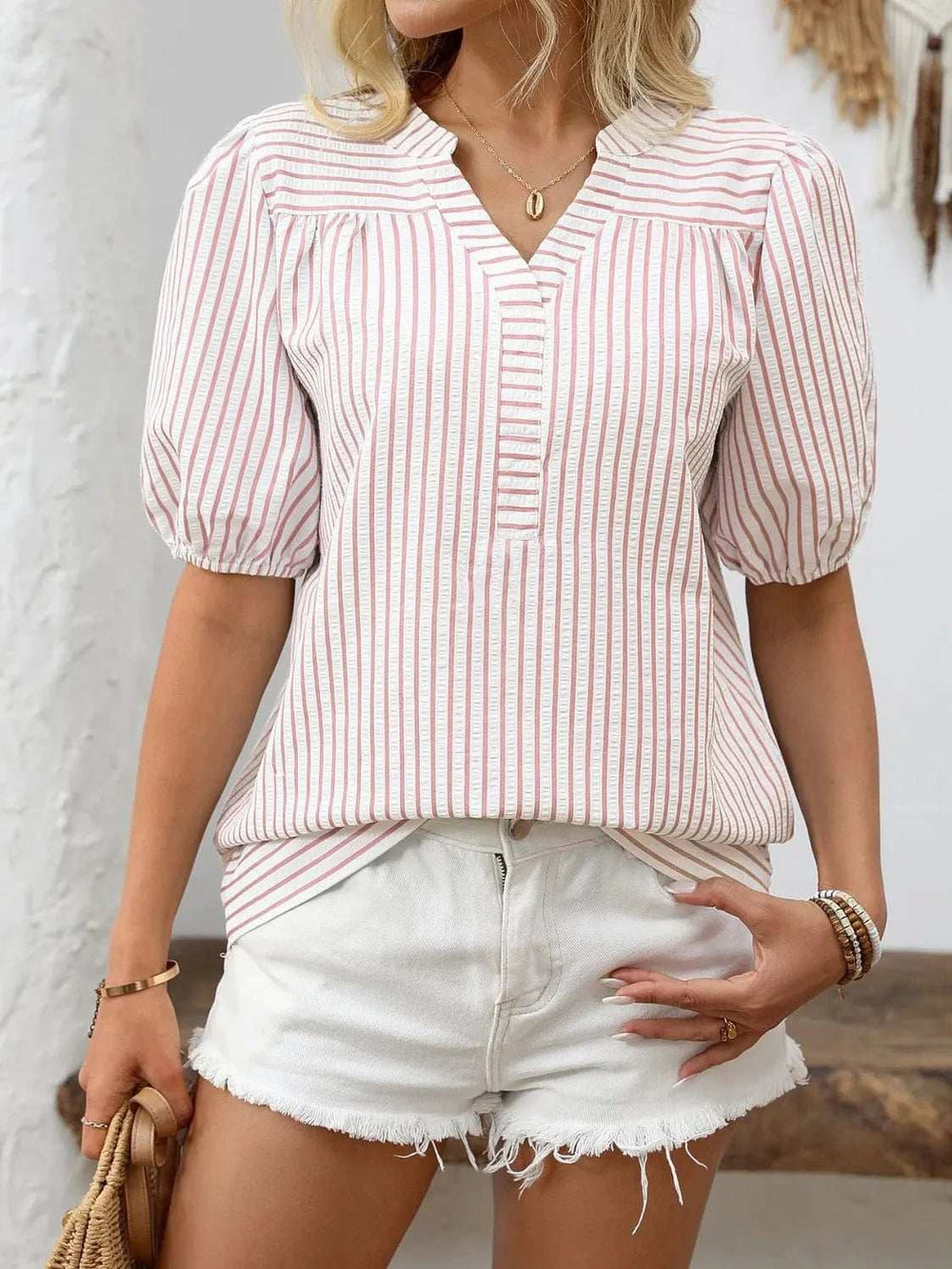 Striped Notched Puff Sleeve Blouse - Trendsi - Flyclothing LLC
