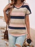 Devine Color Block V-Neck Short Sleeve Knit Top - Trendsi - Flyclothing LLC