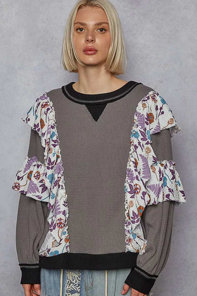 POL Round Neck Sweater with Floral Ruffle Detail - Trendsi - Flyclothing LLC