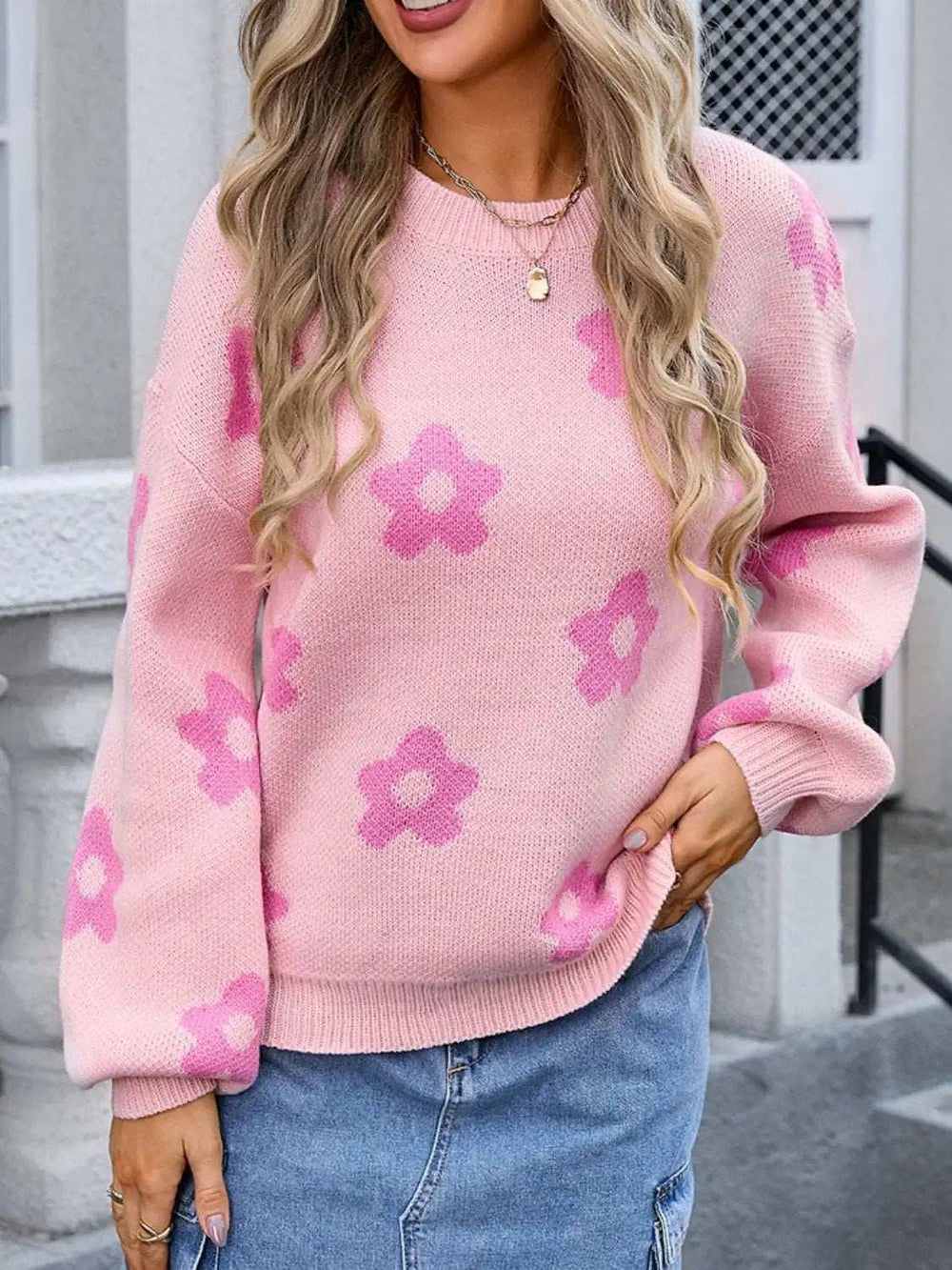Flower Round Neck Dropped Shoulder Sweater - Trendsi - Flyclothing LLC