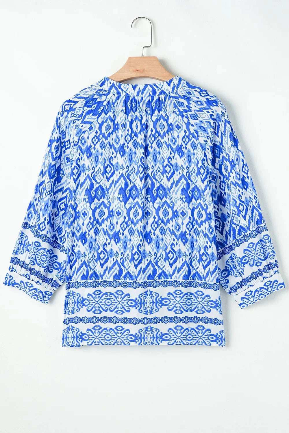 Printed Tie Neck Three-Quarter Sleeve Blouse - Trendsi - Flyclothing LLC