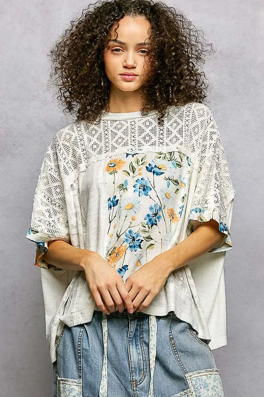 POL Floral Patchwork Lace Accent Blouse - Trendsi - Flyclothing LLC