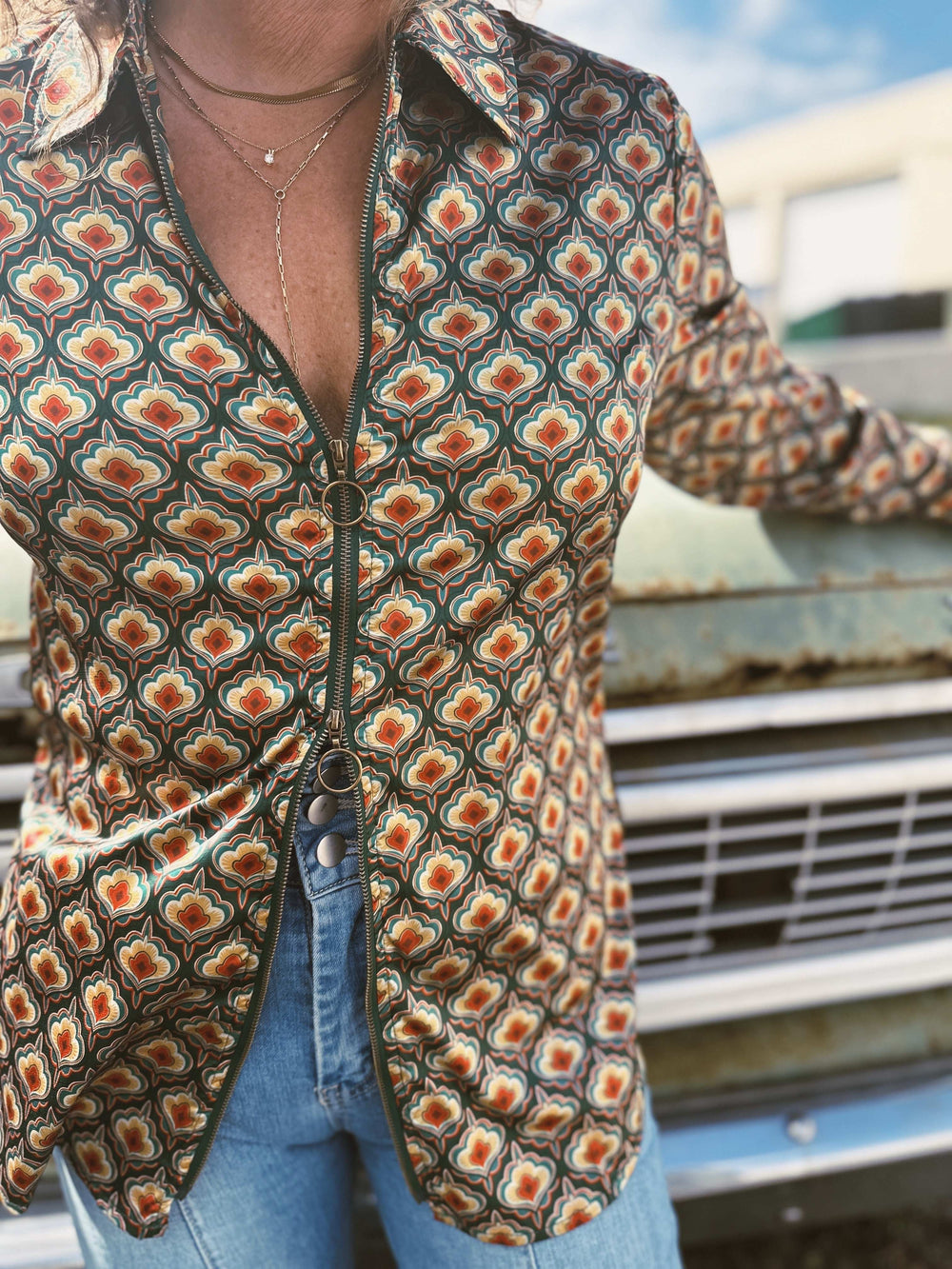 Vagabond Retro Green Tulip Zipper Front Blouse - Lil Bee's Bohemian - Flyclothing LLC