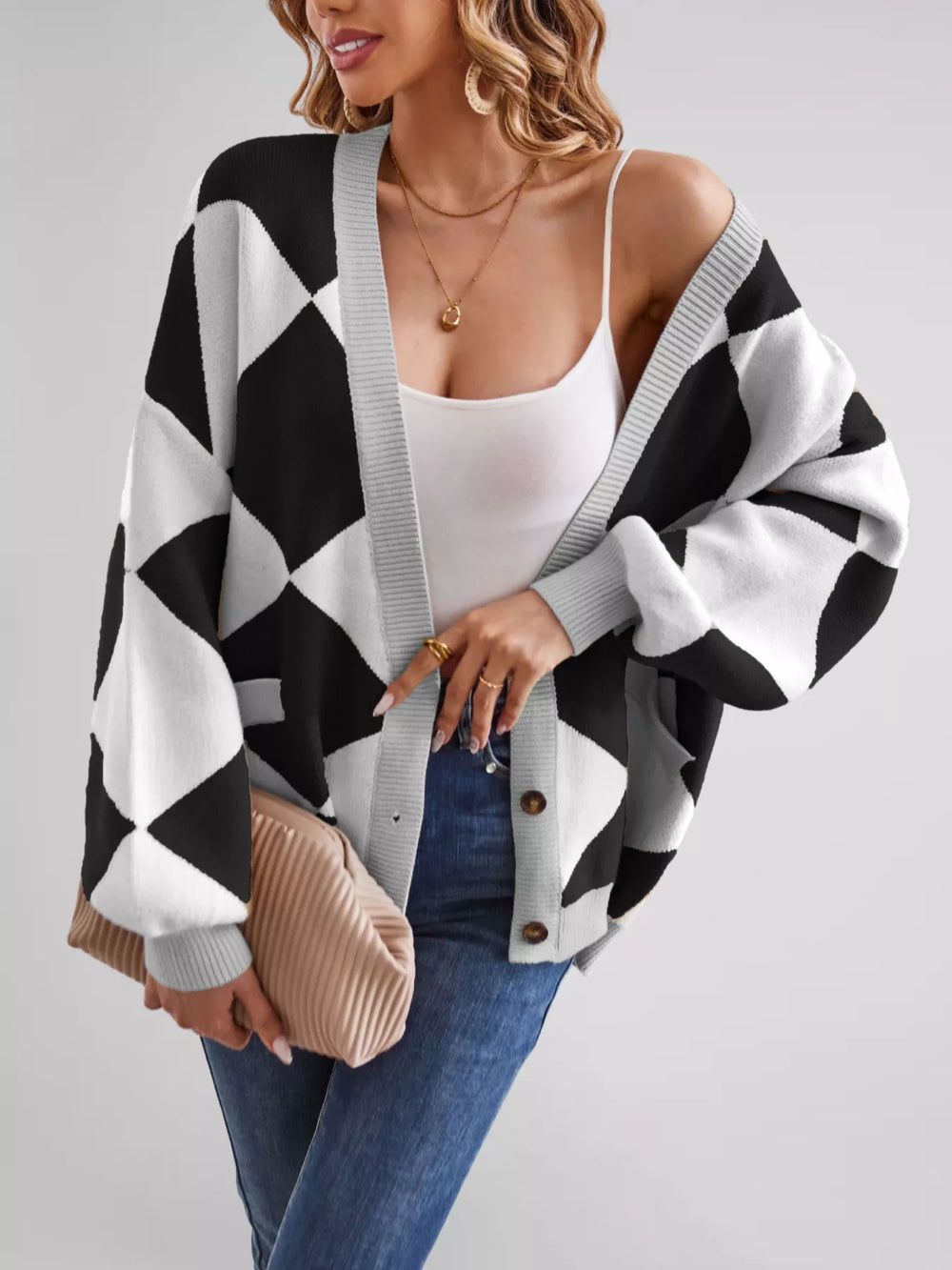 Diamond Pattern Button-Up Knit Cardigan - Trendsi - Flyclothing LLC