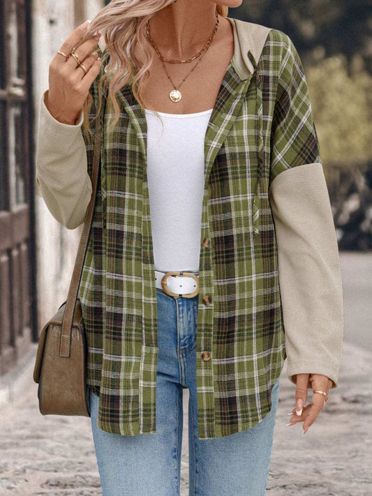 Perfee Drawstring Plaid Long Sleeve Hooded Shirt - Trendsi - Flyclothing LLC