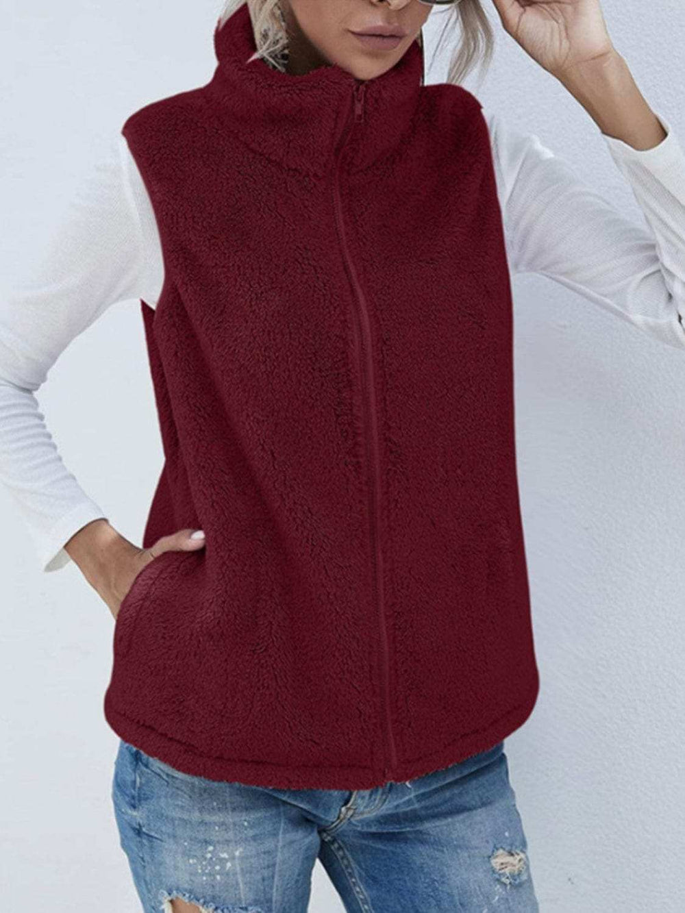 Full Size Fuzzy Zip Up Vest Coat with Pockets - Trendsi - Flyclothing LLC