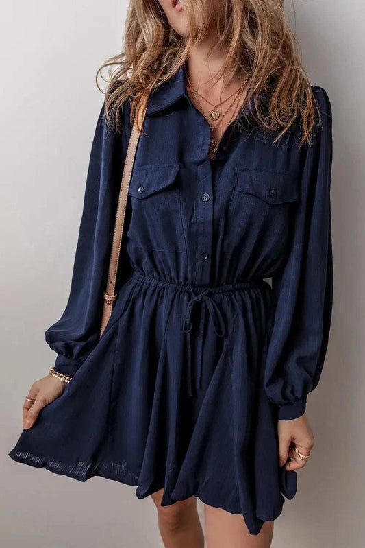 Drawstring Half Button Long Sleeve Dress - Trendsi - Flyclothing LLC