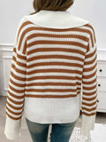 Striped Collared Neck Long Sleeve Sweater - Trendsi - Flyclothing LLC