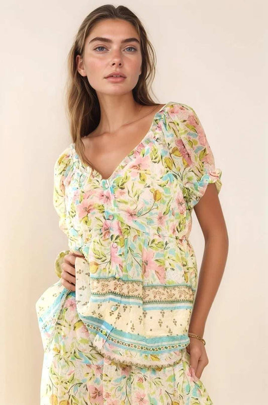 Davi & Dani Spring Floral Border Print Ruffled Textured Top - Trendsi - Flyclothing LLC