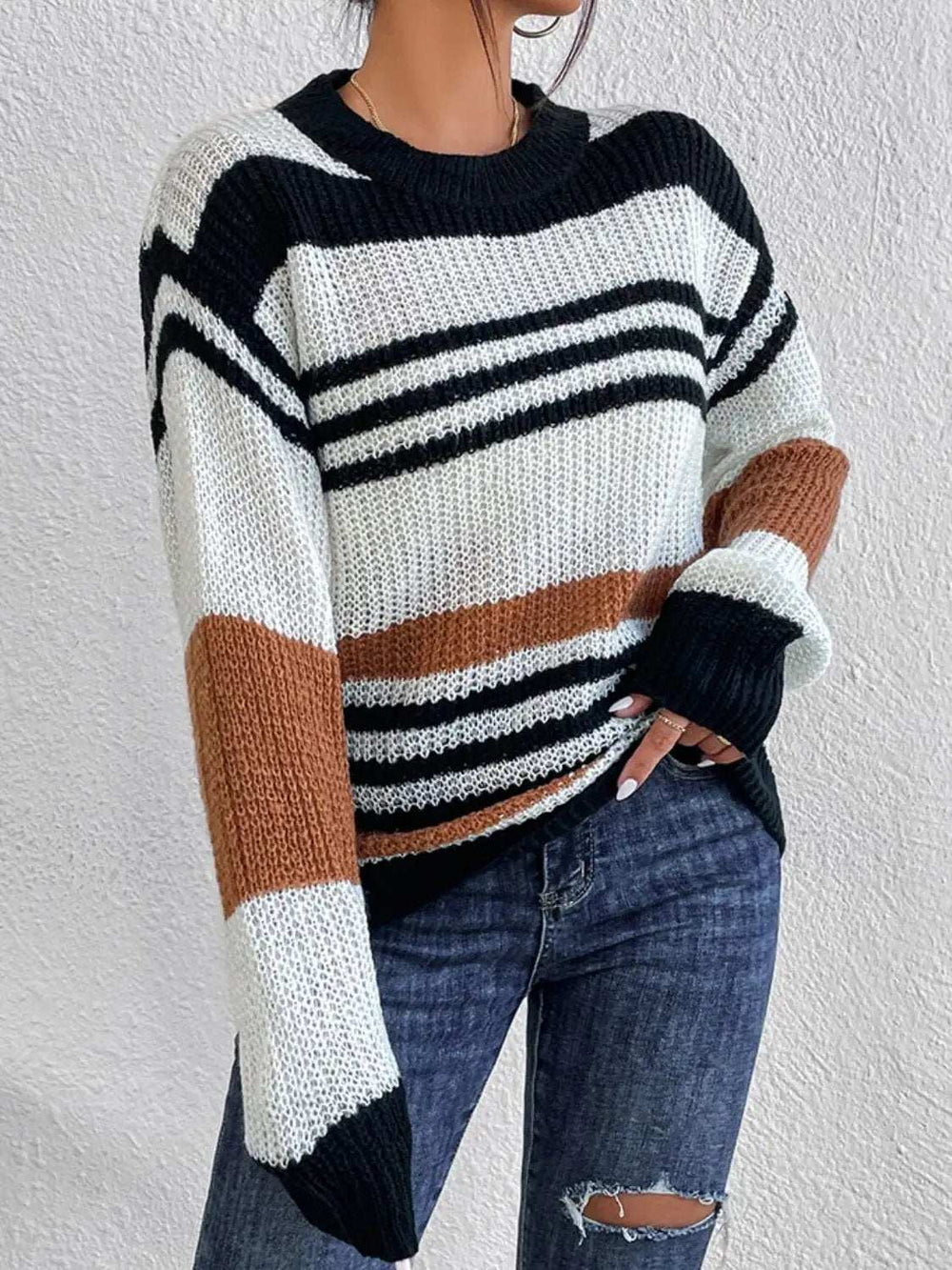 Contrast Striped Round Neck Long Sleeve Sweater - Trendsi - Flyclothing LLC