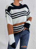 Contrast Striped Round Neck Long Sleeve Sweater - Trendsi - Flyclothing LLC