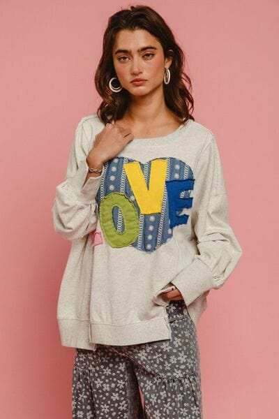 BiBi LOVE Heart Patch Slit French Terry Sweatshirt - Trendsi - Flyclothing LLC