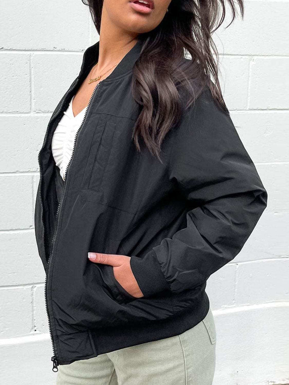 Zip Up Baseball Collar Jacket with Pockets - Trendsi - Flyclothing LLC