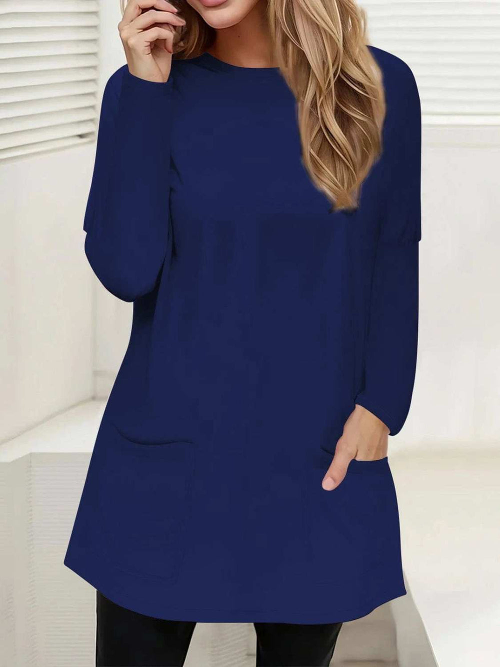 Full Size Pocketed Round Neck Long Sleeve T-Shirt - Trendsi - Flyclothing LLC