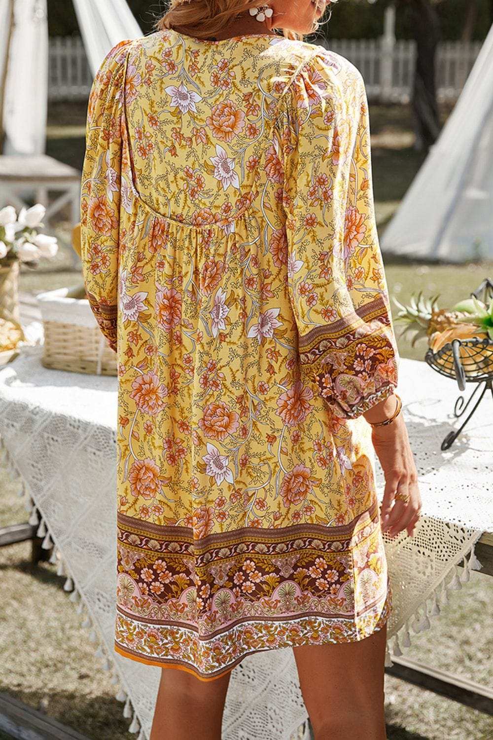 Devine Printed Tie Neck Mini Dress - Trendsi - Flyclothing LLC