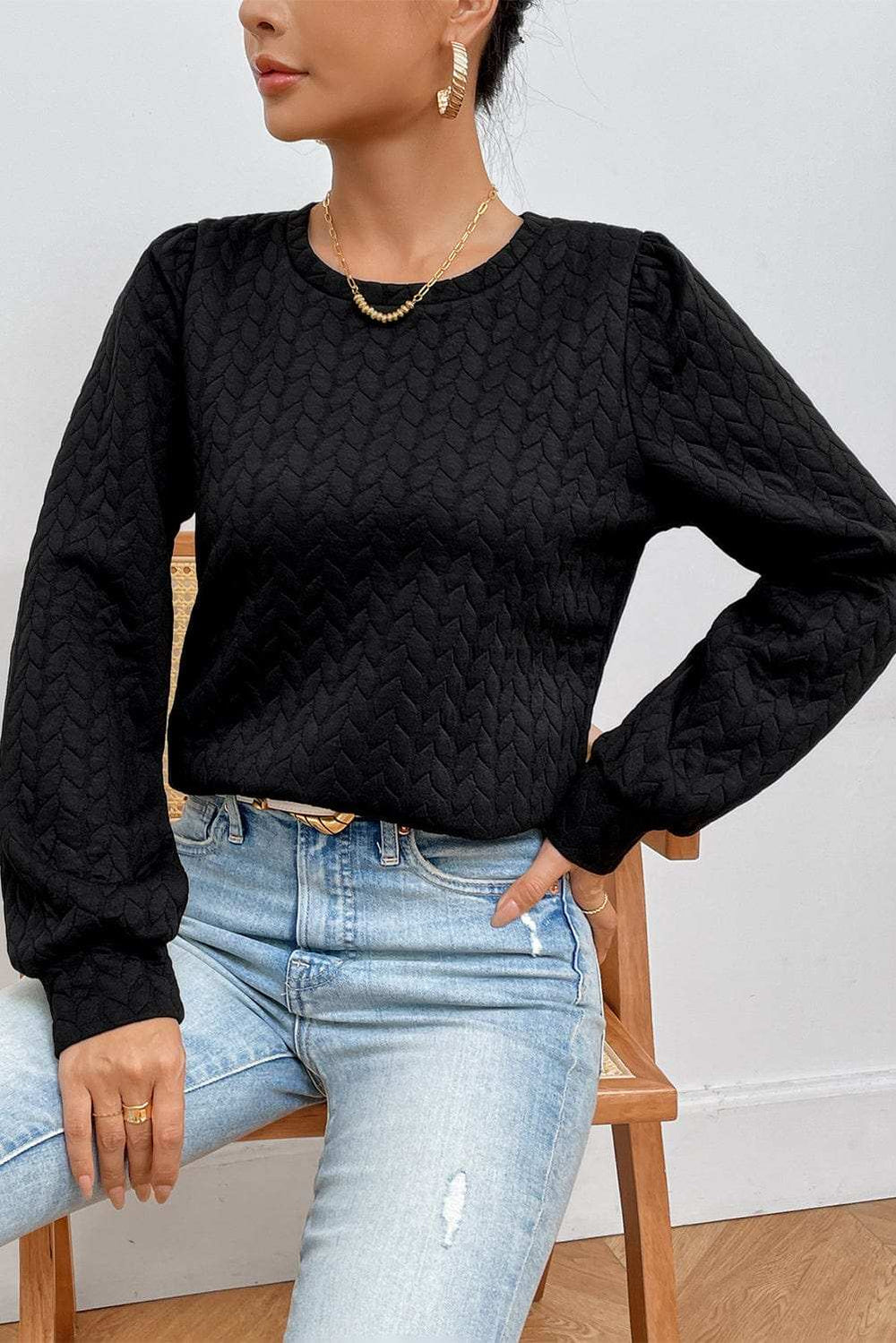 Texture Round Neck Long Sleeve Sweatshirt - Trendsi - Flyclothing LLC