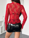 Mock Neck Long Sleeve Sheer Lace Top - Trendsi - Flyclothing LLC