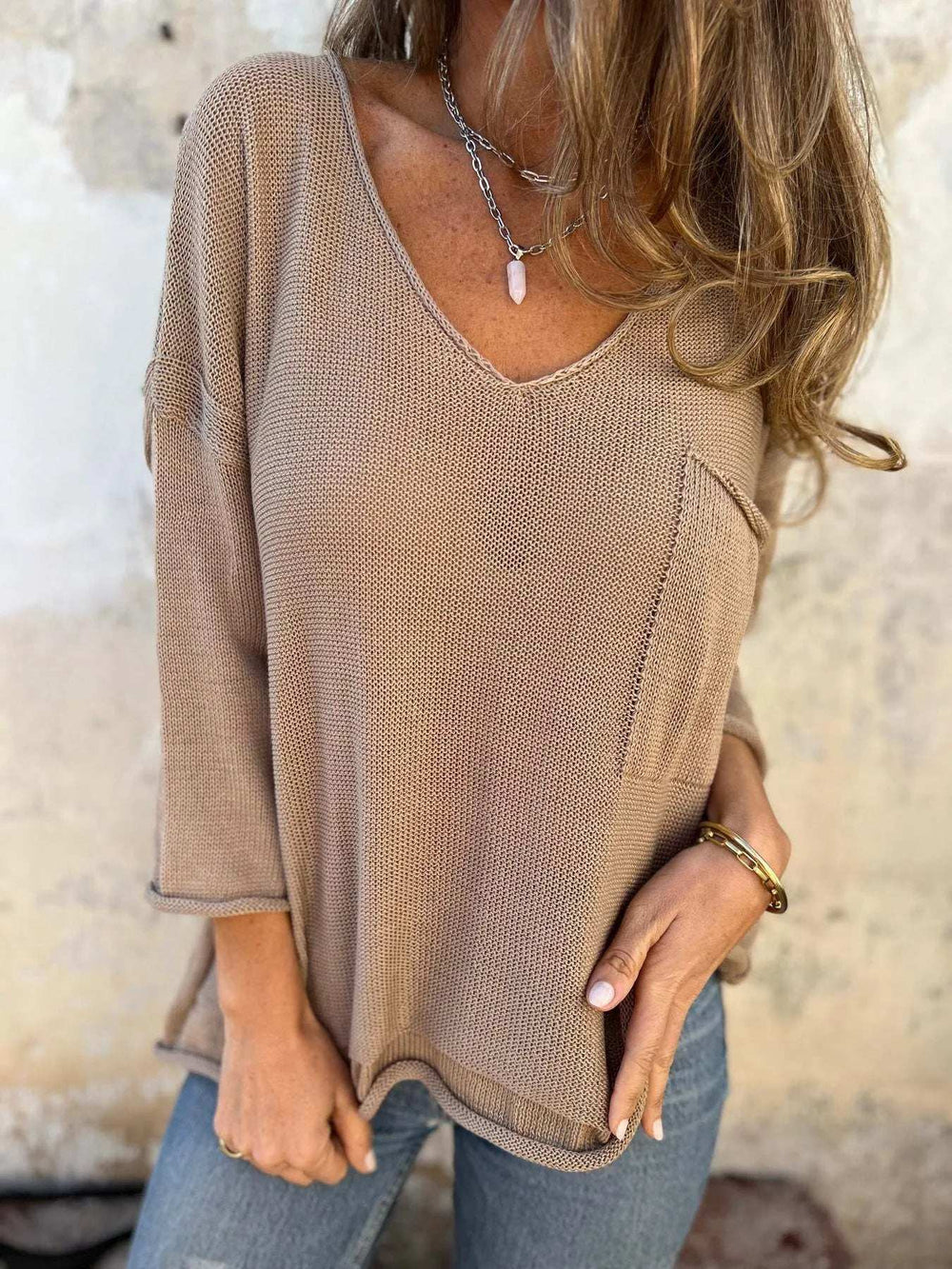 Full Size Casual V-Neck Knit Sweater Plus Size - Trendsi - Flyclothing LLC