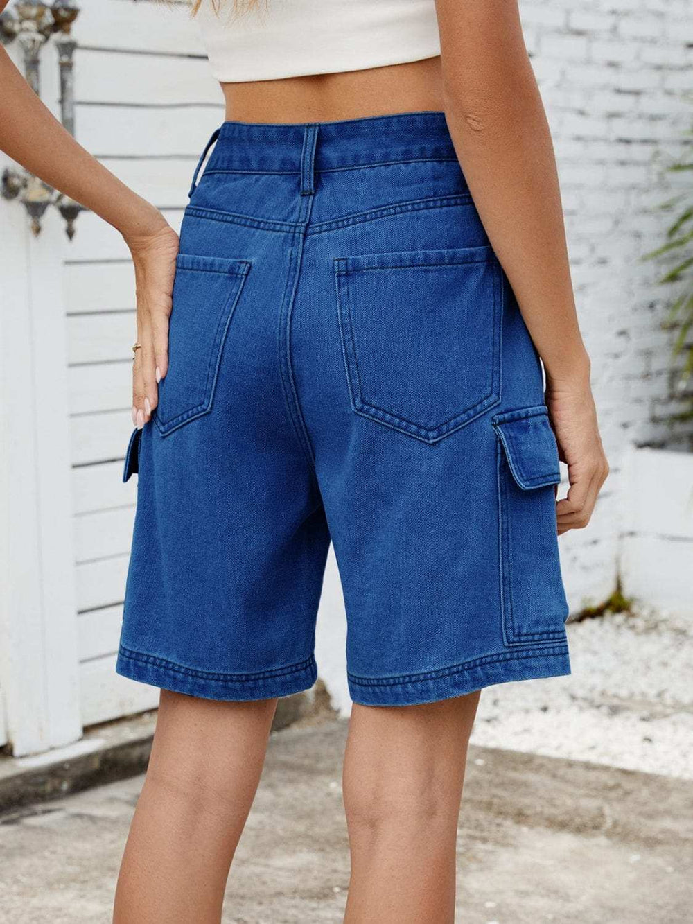 High Waist Denim Shorts with Cargo Pockets - Trendsi - Flyclothing LLC