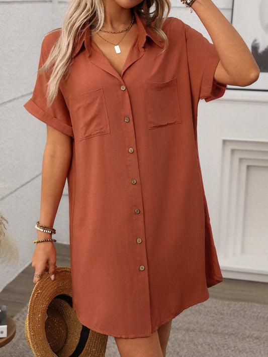 Button Down Short Sleeve Mini Dress - Trendsi - Flyclothing LLC